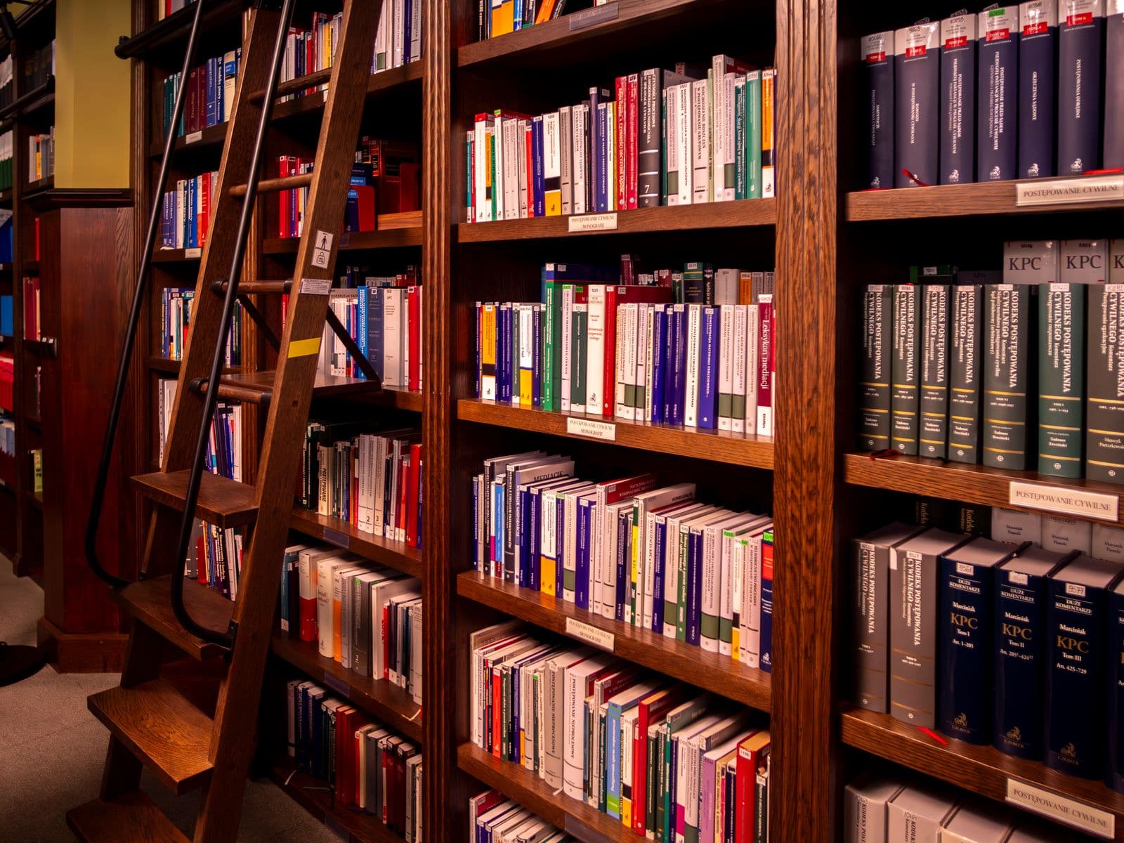 Library bookshelves with a rolling ladder